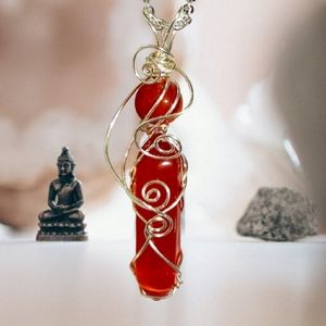 Carnelian Gemstone Wire Wrapped Crystal Necklace, Sunset Carnelian Necklace